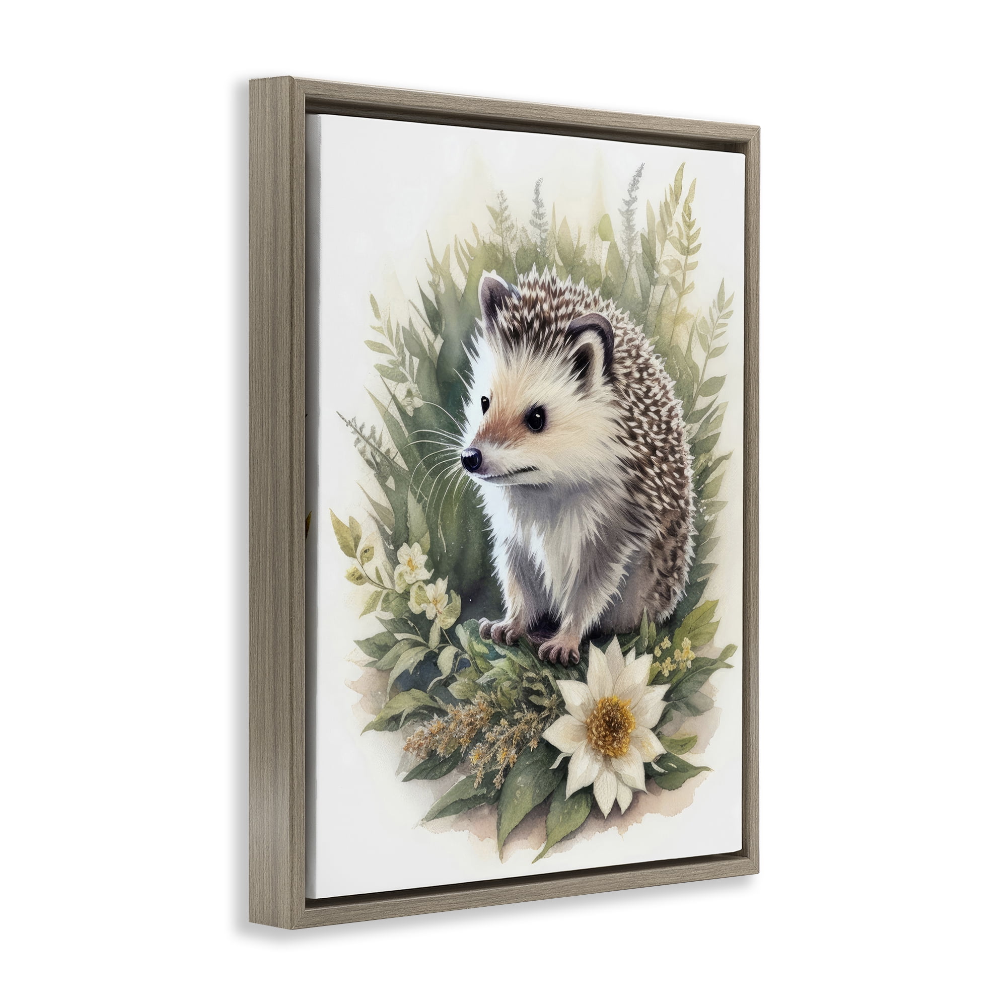 Stupell Industries Hedgehog & White Flower Animals & Insects Painting Brown Floater Framed Canvas Art Print Wall Art, 25 x 31