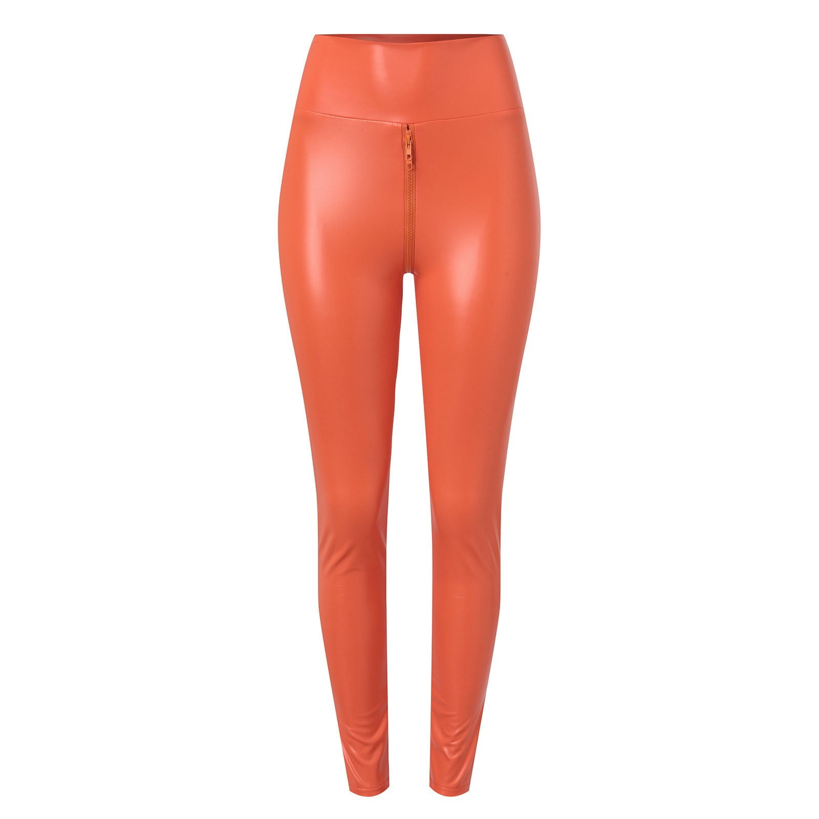 QIJUNTUO ​Women's Faux Leather Yoga Pants With High Waist Tummy Control Slim Fit Workout Trousers For Performance Training​ Orange