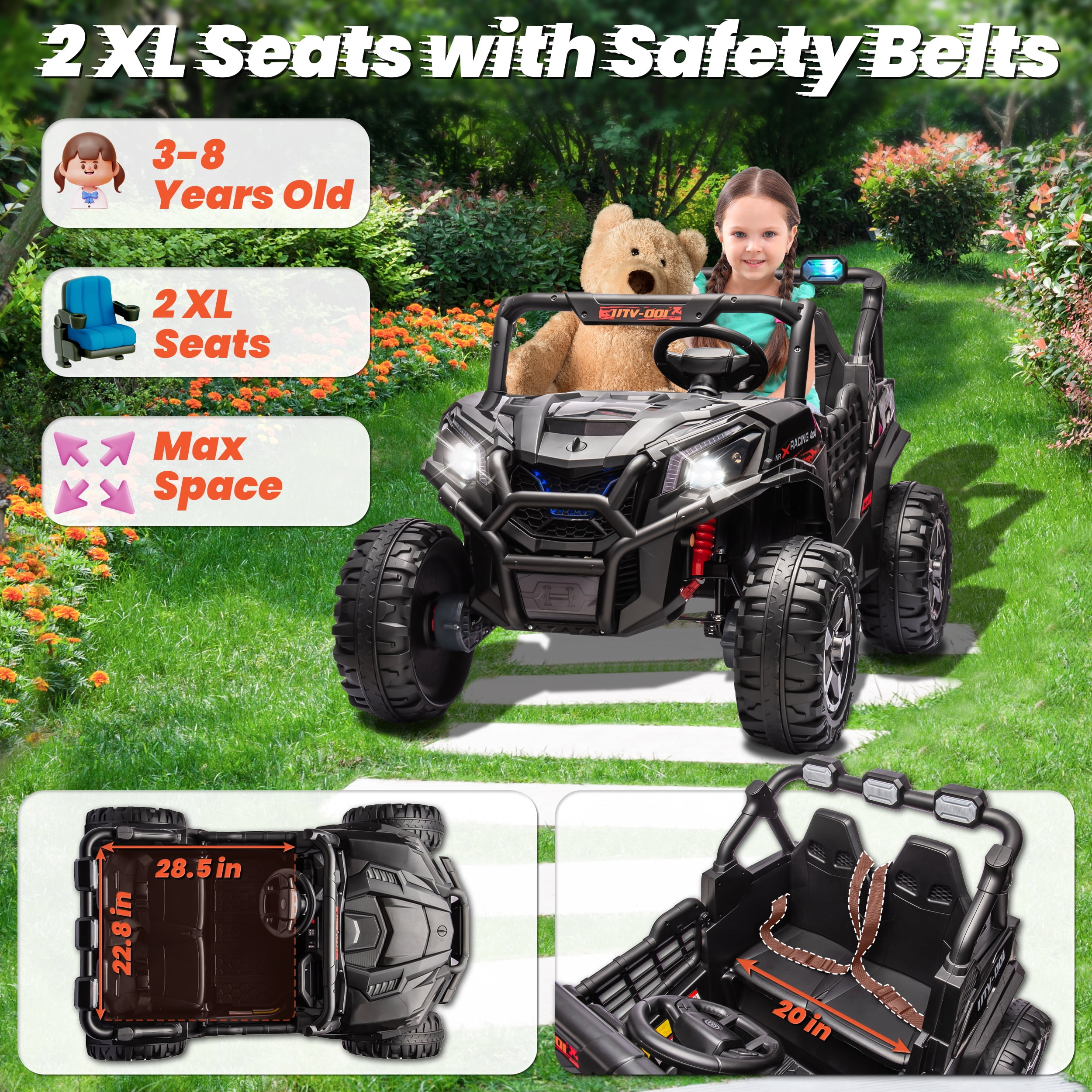 Joyracer 4WD 24V Ride on Toys Car w/ 2 XL Seater Remote Control, Electric UTV w/ 4*200W Motor, Power Car Wheels, LED Lights, Spring Suspension, 3 Speeds, Bluetooth Music, Black