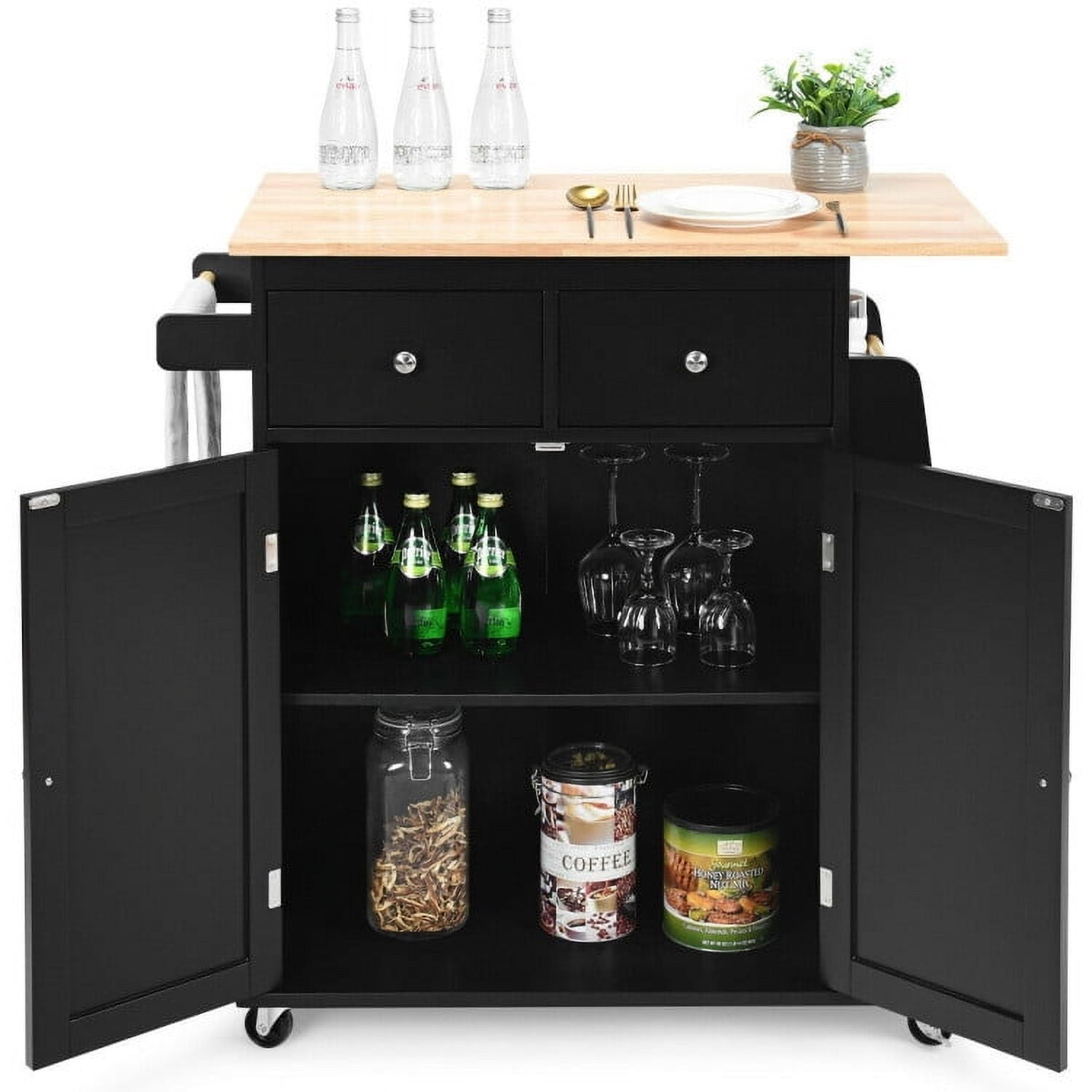 Demi Bonn Rolling Cart, Kitchen Island Cart, Rubber Wood Countertop Rolling Kitchen Island Cart, for Kitchen, Dining Room, Black