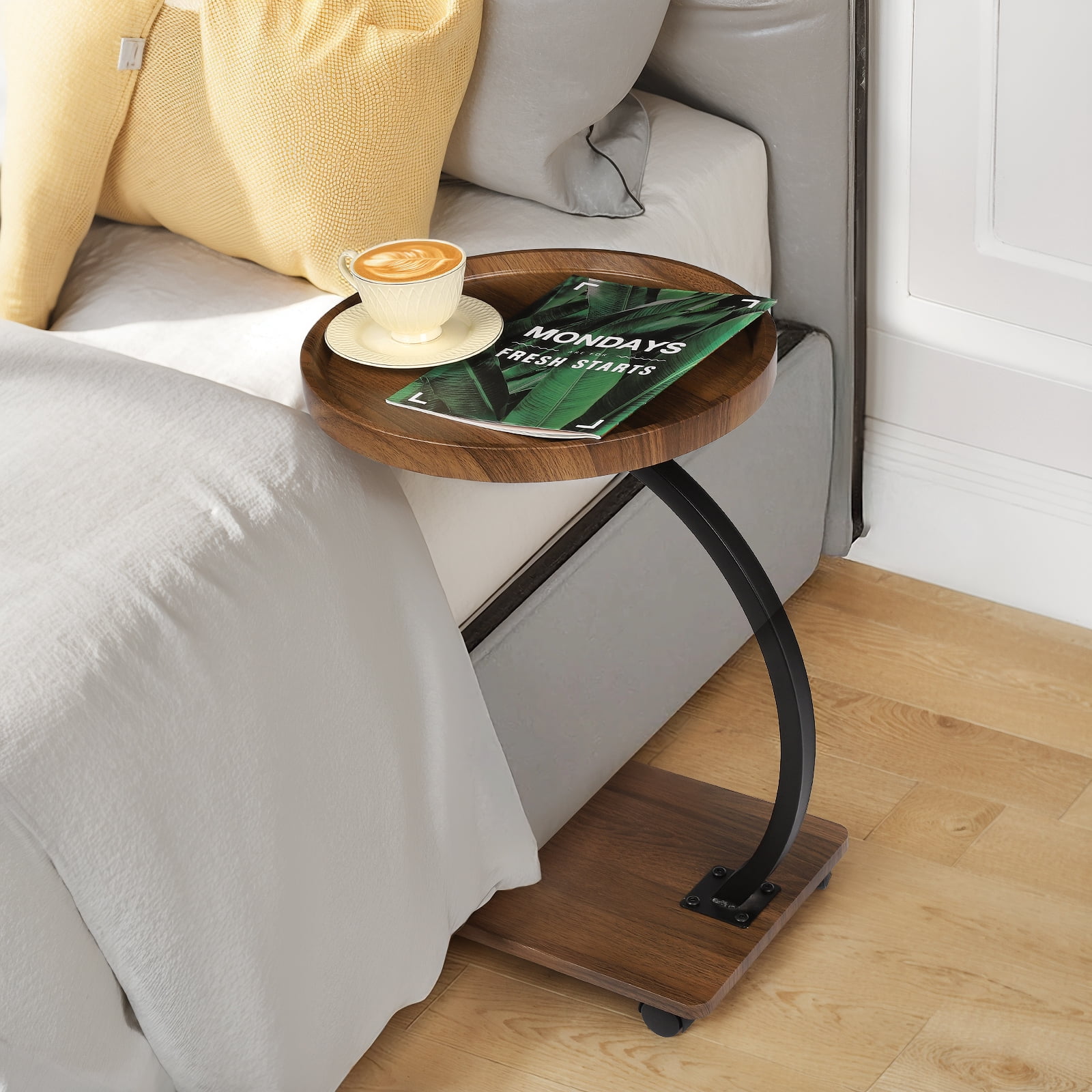 C Shaped Side End Table - with Rolling Wheels, Walnut Finish Movable Round Tea Table for Couch, Bed, Sofa Side