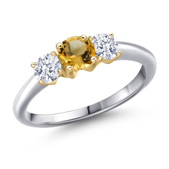 Gem Stone King 925 Silver and 10K Yellow Gold Yellow Citrine and White Zirconia Engagement Ring for Women | 0.95 Cttw | Round 5MM | Gemstone November Birthstone | Size 6