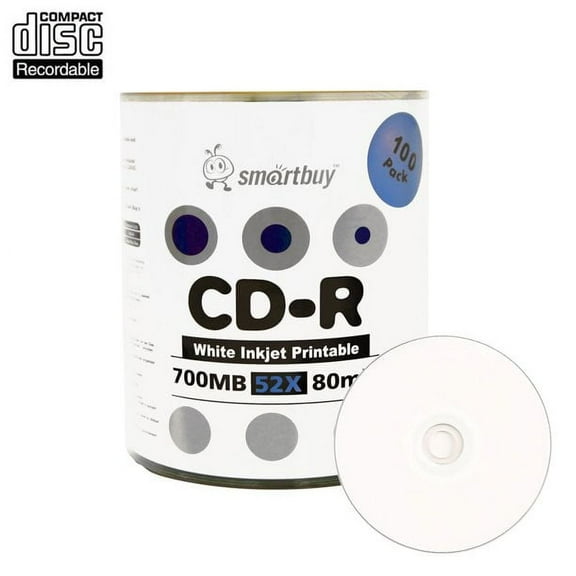 100 Pack Smartbuy 52X CD-R 700MB 80Min White Inkjet Hub Printable Data Blank Media Recordable Disc
