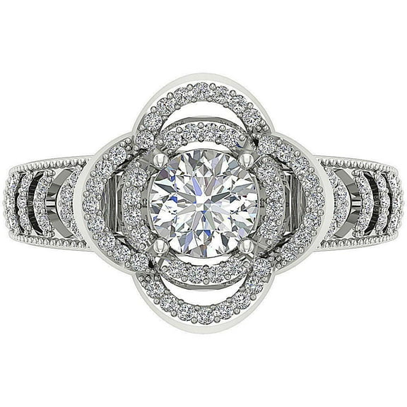 Solitaire With Accents Dual Halo Floral Wedding Ring 2.2 Ct Diamond 14K White Gold Over