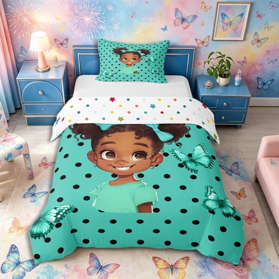 Castle Fairy Bubbly Black Girl Twin Duvet Cover,Polka Dots Bow Butterfly Twin Bedding,Teal,1 Duvet Cover and 1 Pillowcase