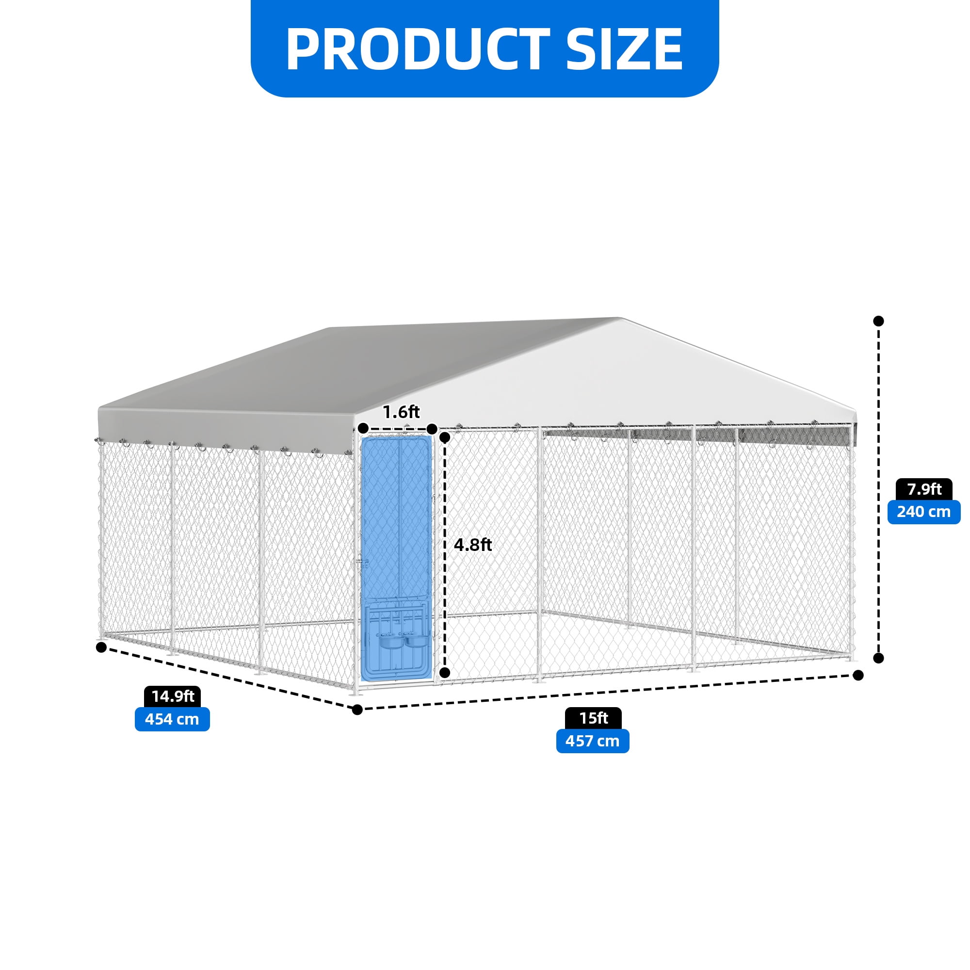 Dextrus 14.8×14.8×7.9FT Heavy Duty Outdoor Dog Kennel, Rotating Feeder Bowls & UV-Resistant Waterproof Cover, Yard Dog Enclosure for Medium Large Dogs