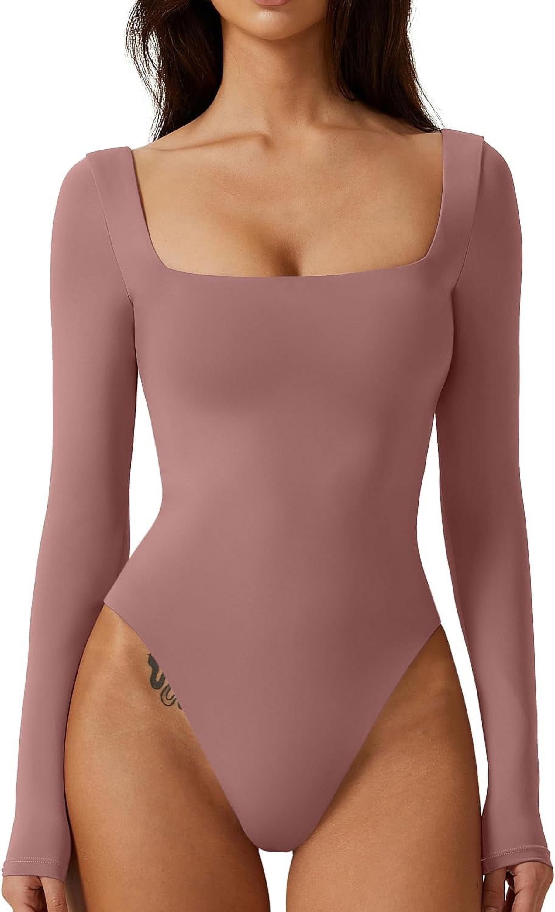 トップス draw drawers Leotard Pile T-shirts Bodysuit Tops for Women Square Neck Long Sleeve Double Lined