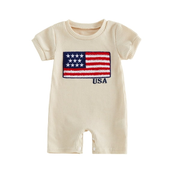 BemeyourBBs Newborn Baby Boy Girl 4th of July Outfit Summer Clothes Infant Baby Patriot Independent Day Clothes Waffled Stripes Romper Short Sleeve American Flag Embroidery Jumpsuit Bodysuit Playsuit