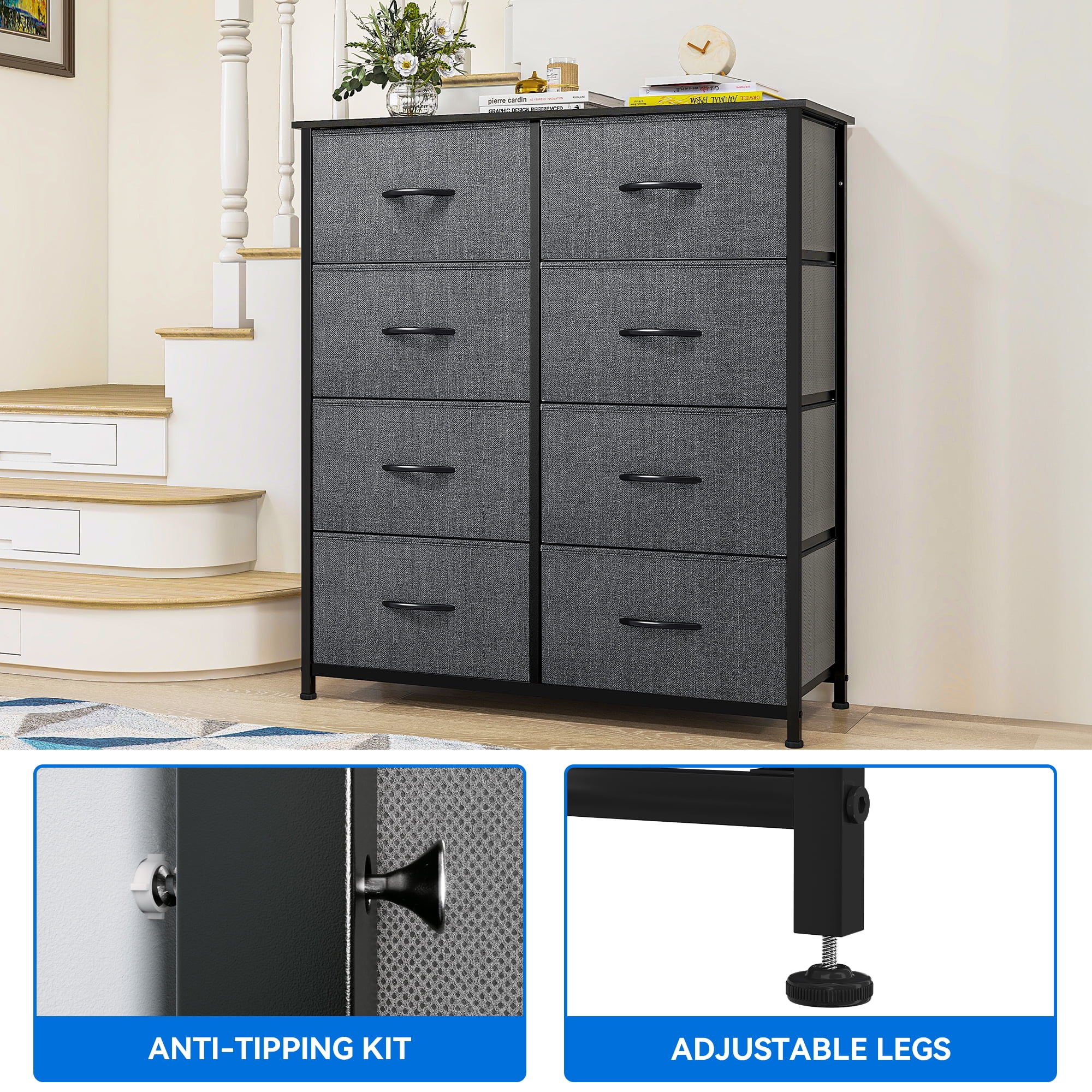 DEXTRUS 8 Drawers Dresser Fabric Storage Dressers for Adult for Living Room Bedroom Black Gray