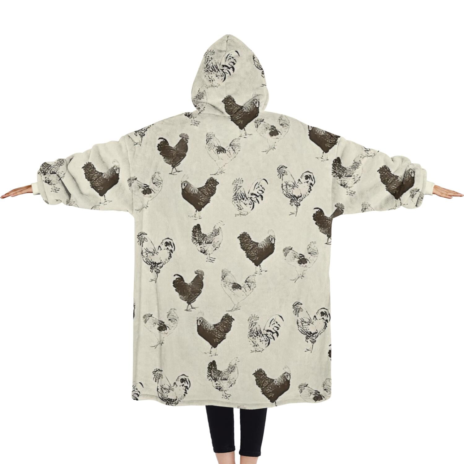 Oversized Wearable Blanket Hoodie,Beige Chicken Sketch Pattern Sherpa Blanket Hoodie with Super Pockets,Super Warm Fuzzy Pullover for Women & Men