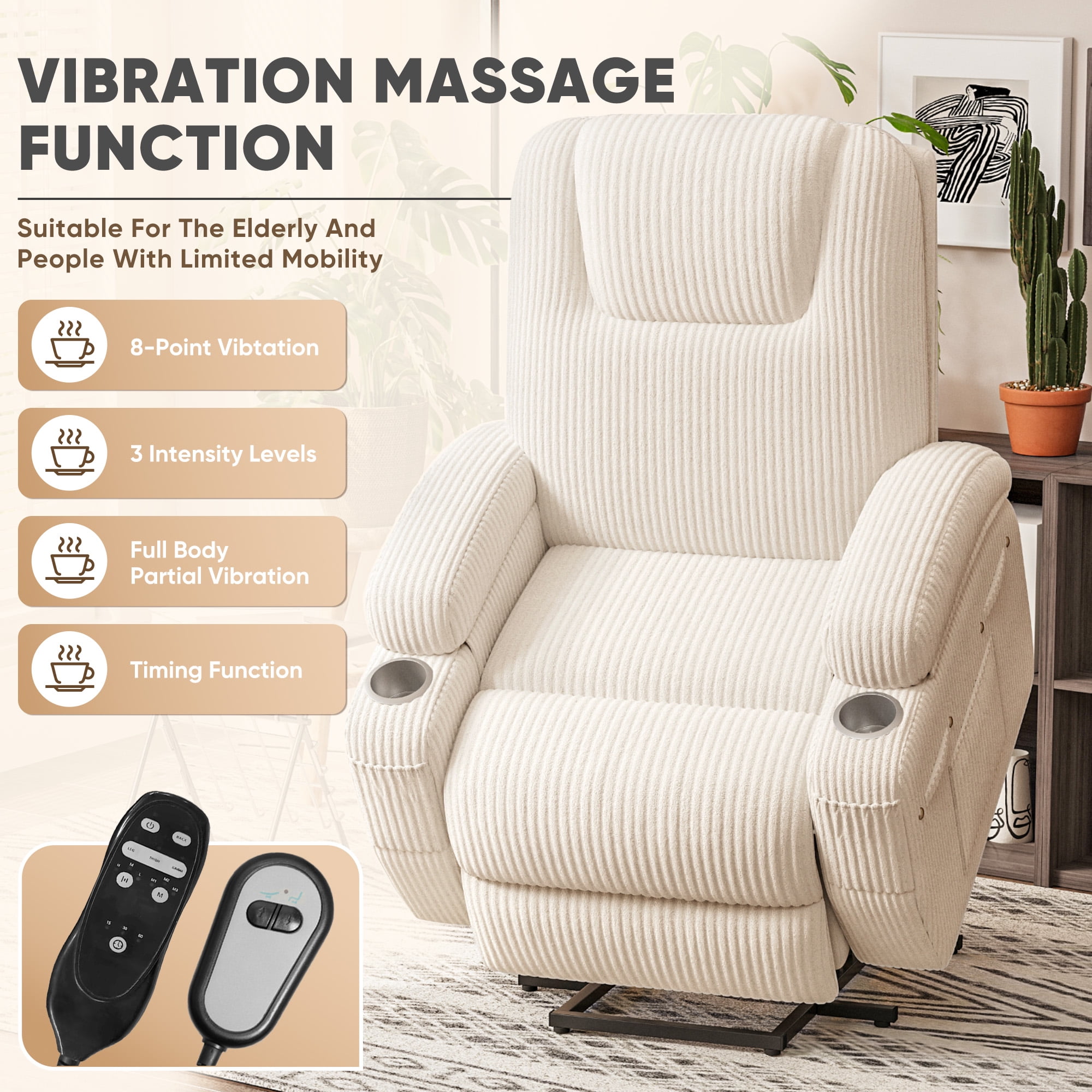 Homall Power Lift Recliner with Eight Vibrating Massages Ergonomic Single Sofa with Side Pocket and Soft Corduroy for Elderly,Corduroy Beige