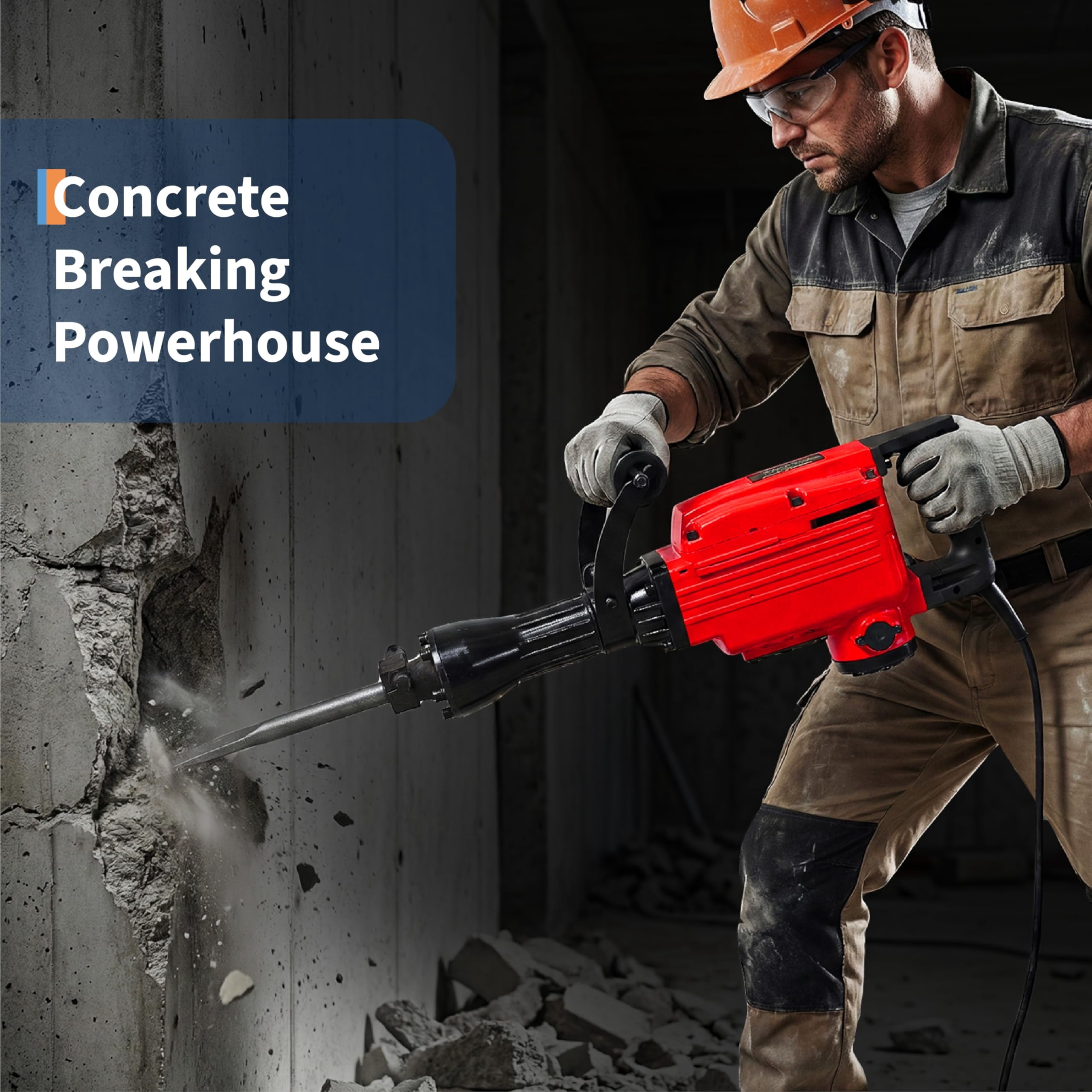 Demolition Jack -Hammer,2200 W Electric Jackhammer Heavy Duty with 2 Bits 360 Degree Swiveling Handle Carrying Case Gloves for Trenching and Breaking Holes