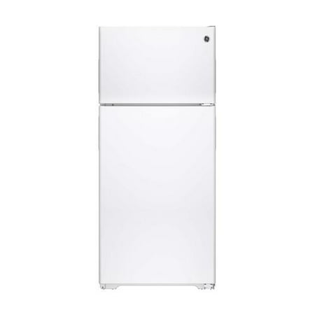 GPE16DTHWW 28 Top-Freezer Refrigerator with 15.5 cu. ft. Capacity Adjustable Humidity Drawers Adjustable Wire Shelf Gallon Door Storage Recessed Handles and Wire Freezer Shelf in White