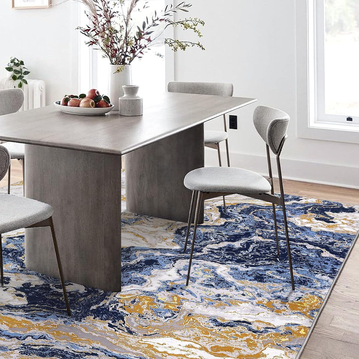 Homhougo 5x7 Washable Abstract Marble Area Rug, Soft Modern Non-Slip Luxury Carpet for Living Room, Bedroom, High Traffic Kitchen Entryway, Blue