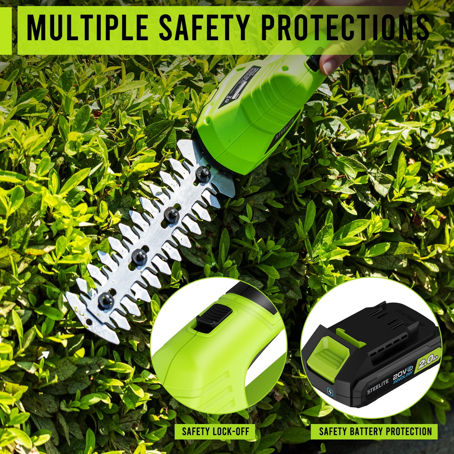 Steelite 21V Cordless Hedge Trimmer- 2 in 1 Electric Handheld Grass Shear & Shrub Trimmer Kit, Hedge Shear with 2.0Ah Lithium-Ion Battery for Garden and Lawn Maintenance
