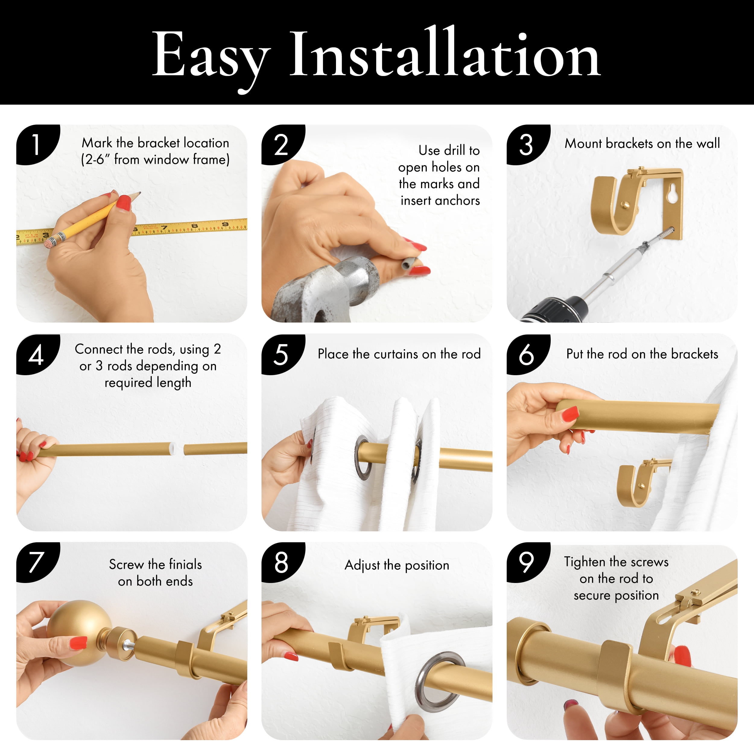 MERIVILLE 1" Single Curtain Rod Set, Adjustable 28-48 Inches, Ball Finials, Gold