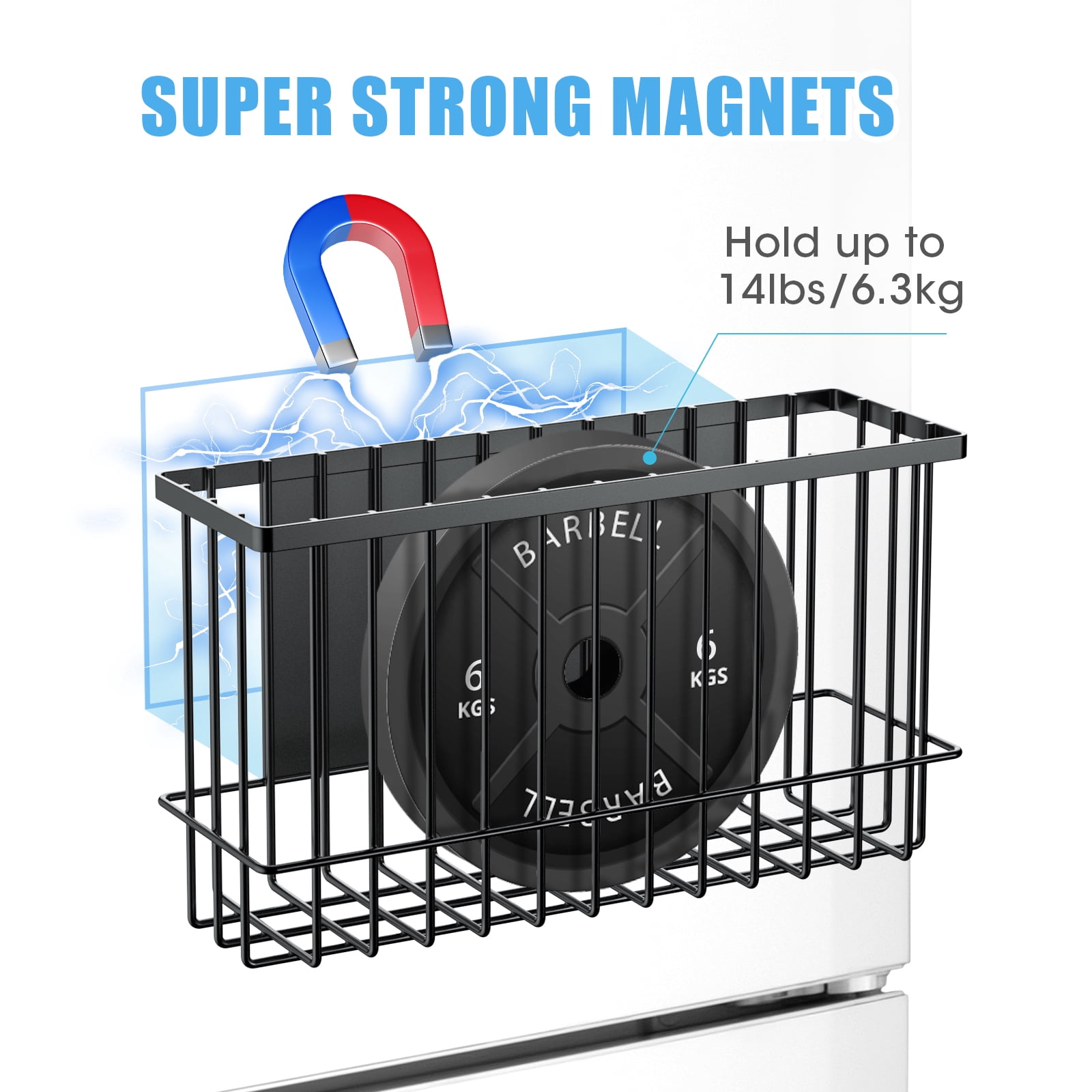 NiHome Magnetic Metal Basket Organizers 2PCS Medium & Small, Versatile Storage for Kitchen & Office Holds Up to 14 lbs, Easy Attach to Refrigerator or Any Magnetic Surface, Space-Saving Design(Black)