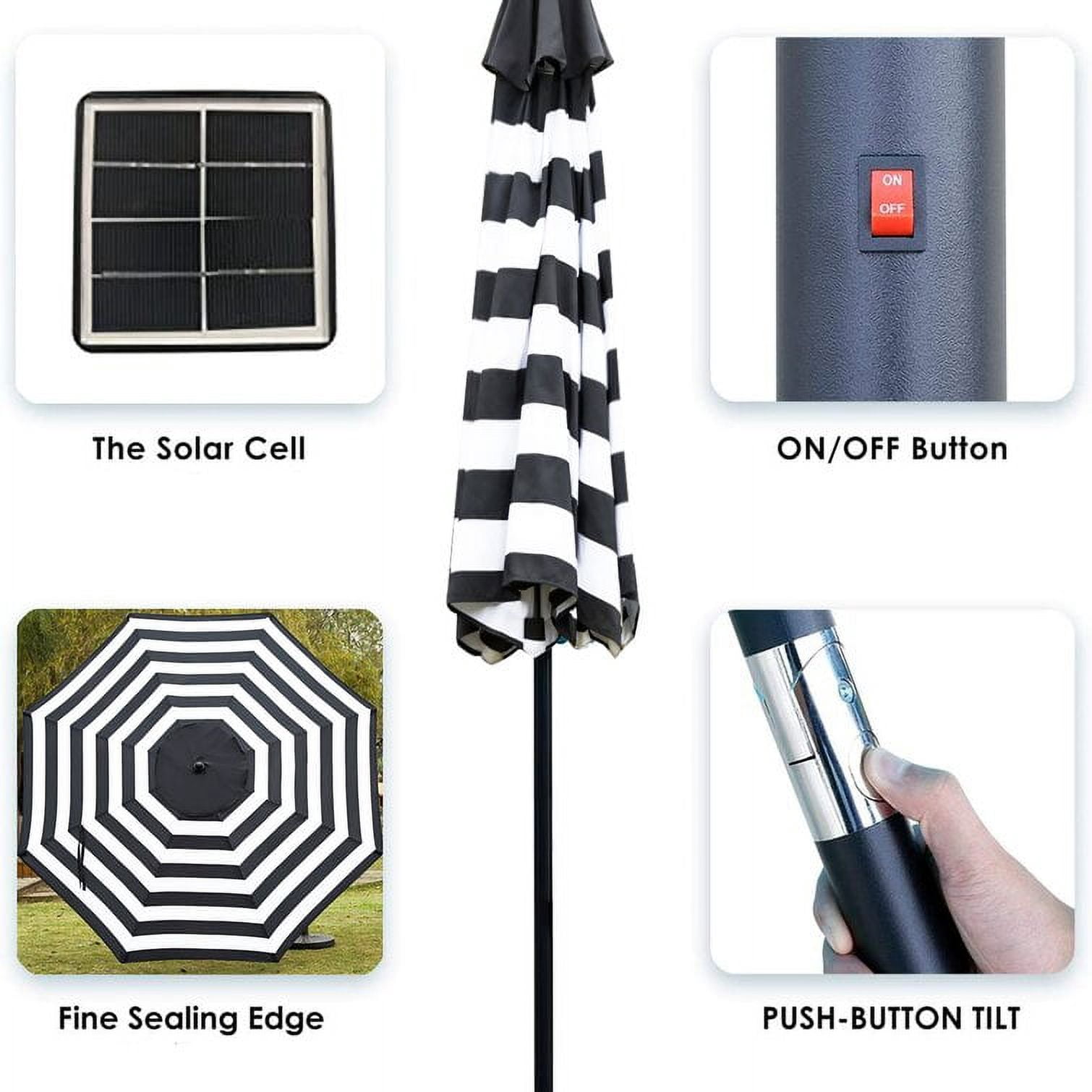 Bibana 9ft Solar 24 LED Lighted Patio Umbrella with 8 Ribs, Adjustment and Crank Lift System (Black & White)