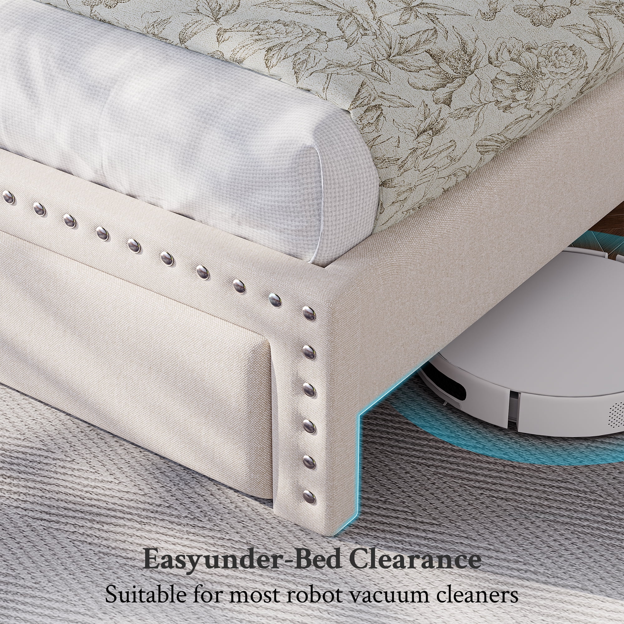 Queen Size Bed Frame with 2 Storage Drawers Upholstered Bed Frame with 2-Tier Storage Headboard & Charge Station & LED Light,Beige