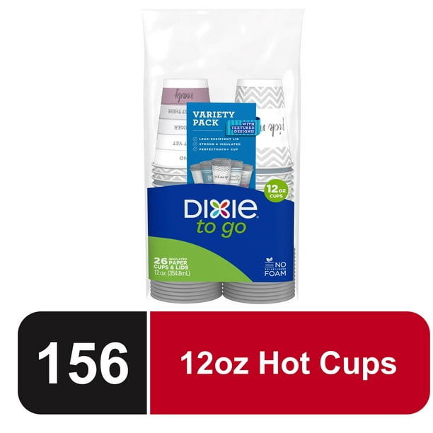 Dixie To Go Paper Hot Cups w/Lids, 12 oz, 156 Count