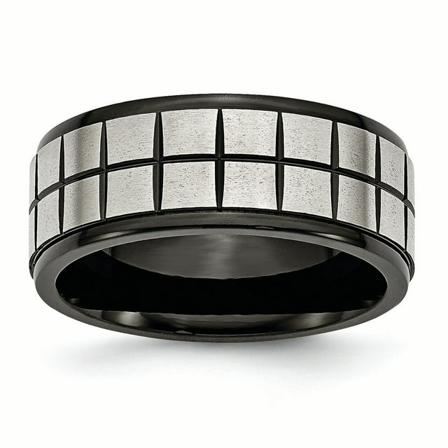 Stainless Steel Brushed & Black IP-plated 9mm Band Ring 10 Size