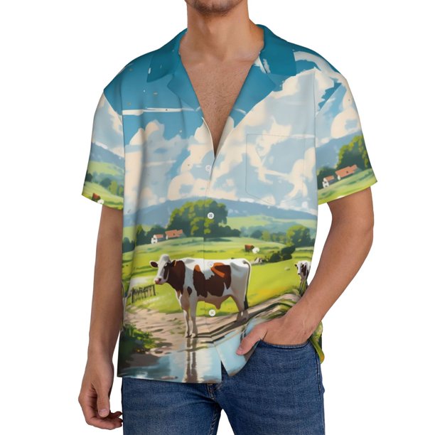Fotbe Countryside Farm Cow Camisa Estampada de Manga Corta para Hombre, Casual de Verano, Estilo Playero, Sin Arrugas-XX-Large