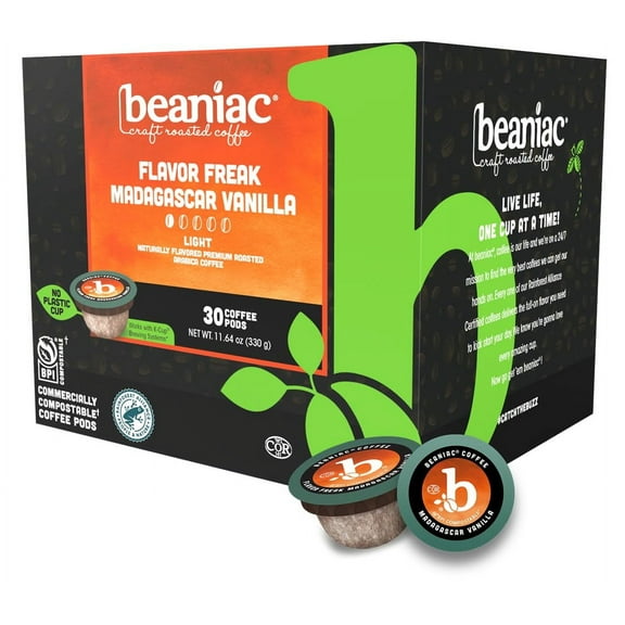 beaniac Flavor Freak Madagascar Vanilla, Flavored Light Roast, Single Serve Compostable K Cup Coffee Pods, Arabica Coffee with Natural Flavors, Keurig Brewer Compatible, 30 Count