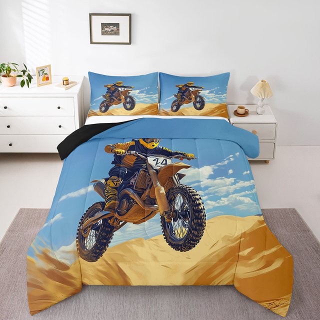 Erosebridal Dirt Bike Motorcycle Rider Bedding Queen Comforter Set, Extreme Sports Down Comforter, Reversible 3 Pieces