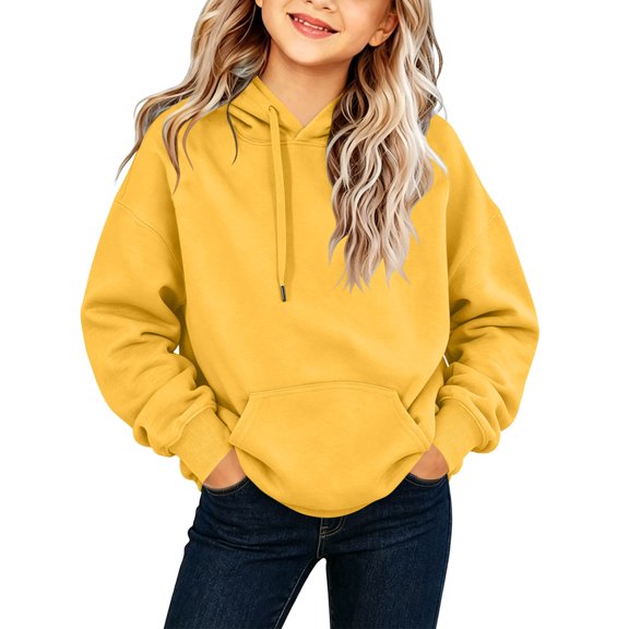 Girls Solid Color Hoodie, Drawstring Pocket Soft Loose Pullover, Long Sleeve Casual Top For Kids Yellow 12-13Years