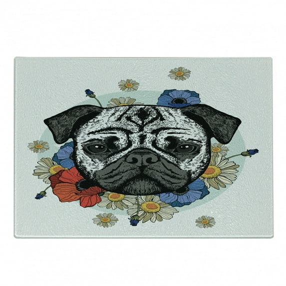 Pug Cutting Board, Head of a Dog Surrounded by Lively Spring Flowers Daisies and Puppies Sketch Art Print, Decorative Tempered Glass Cutting and Serving Board, in 3 Sizes, by Ambesonne