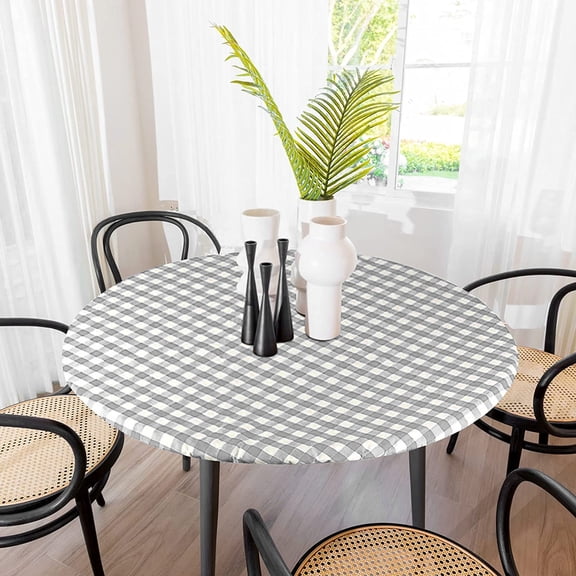 Sorfey Round Picnic Table Cover Checkered Fitted Tablecloth, Gray 42" x 42"