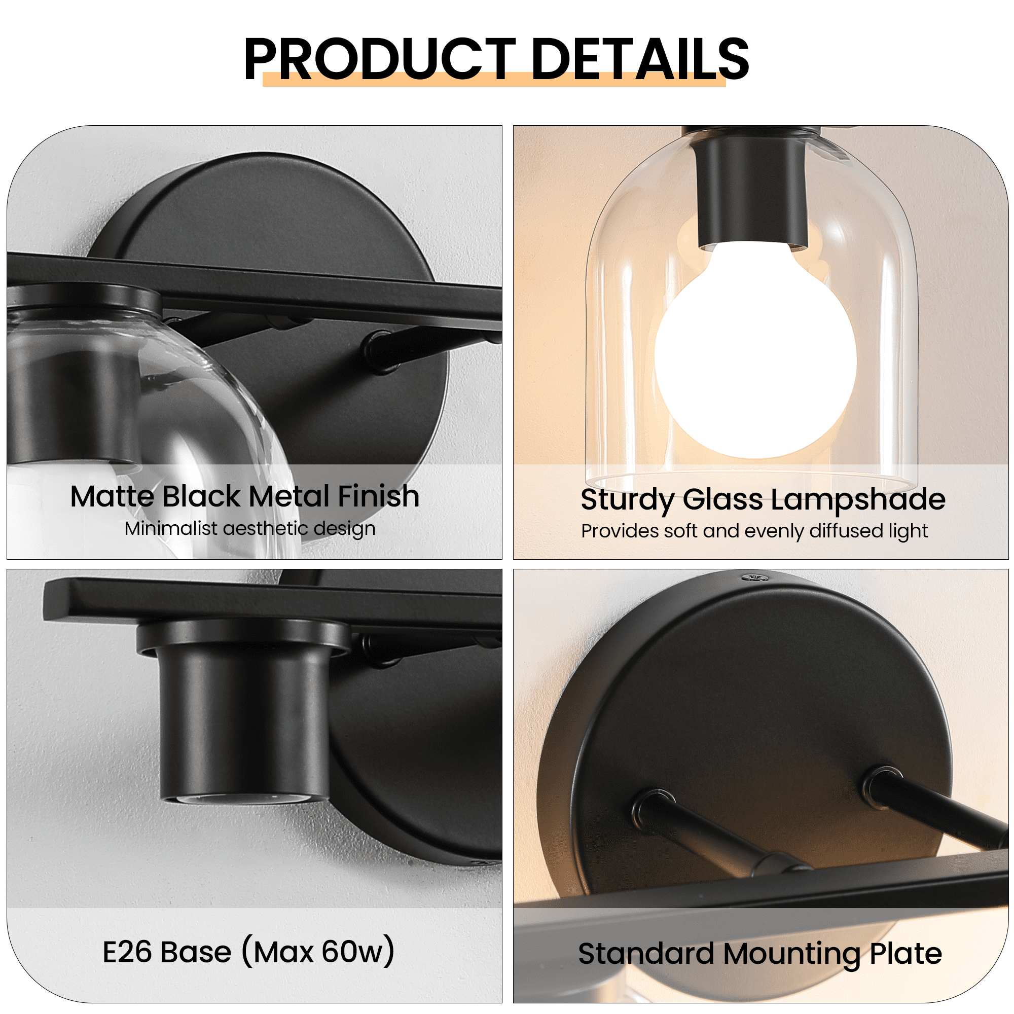 Modern Bathroom Light Fixtures, 2 Light Vanity Lights Over Mirror, Black Wall Lamp with Clear Glass Shade for Living Room Cabinet Bedroom Porch