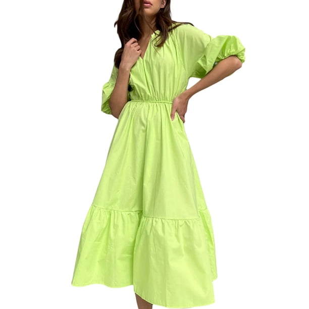 SAYOO Vestido de verano de mujer, vestido de moda de cuello V de color sólido y esponjoso SAYOO moda