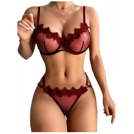 

EHTMSAK 2PCS Womens Sexy Babydoll Lingerie Lace See Through Lingerie Set Teddy Eyelash Bra and Panty Sets Wine L