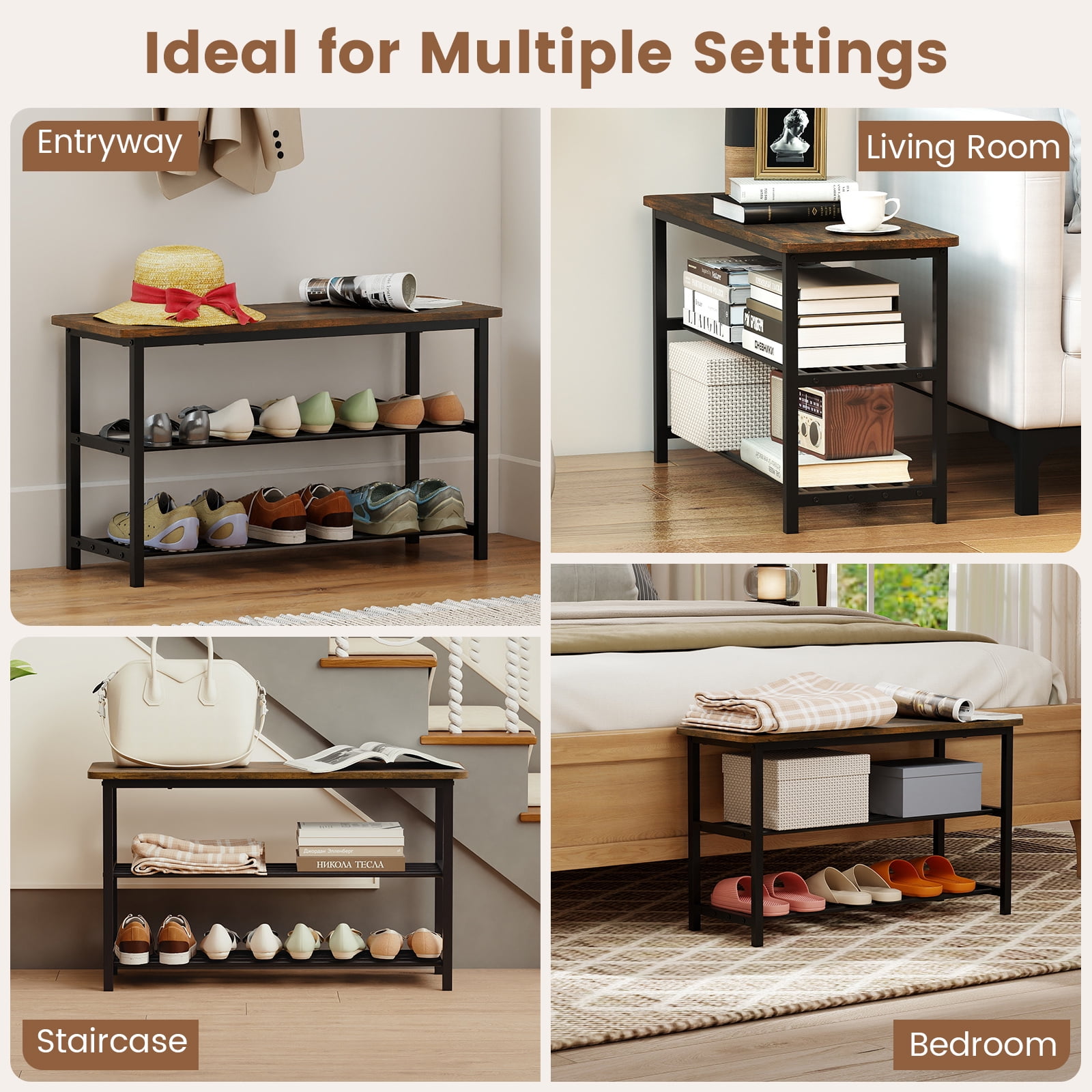 Gymax 3-Tier Shoe Rack Bench w/ Heavy Duty Metal Frame & 300 lbs Seat for Hallway