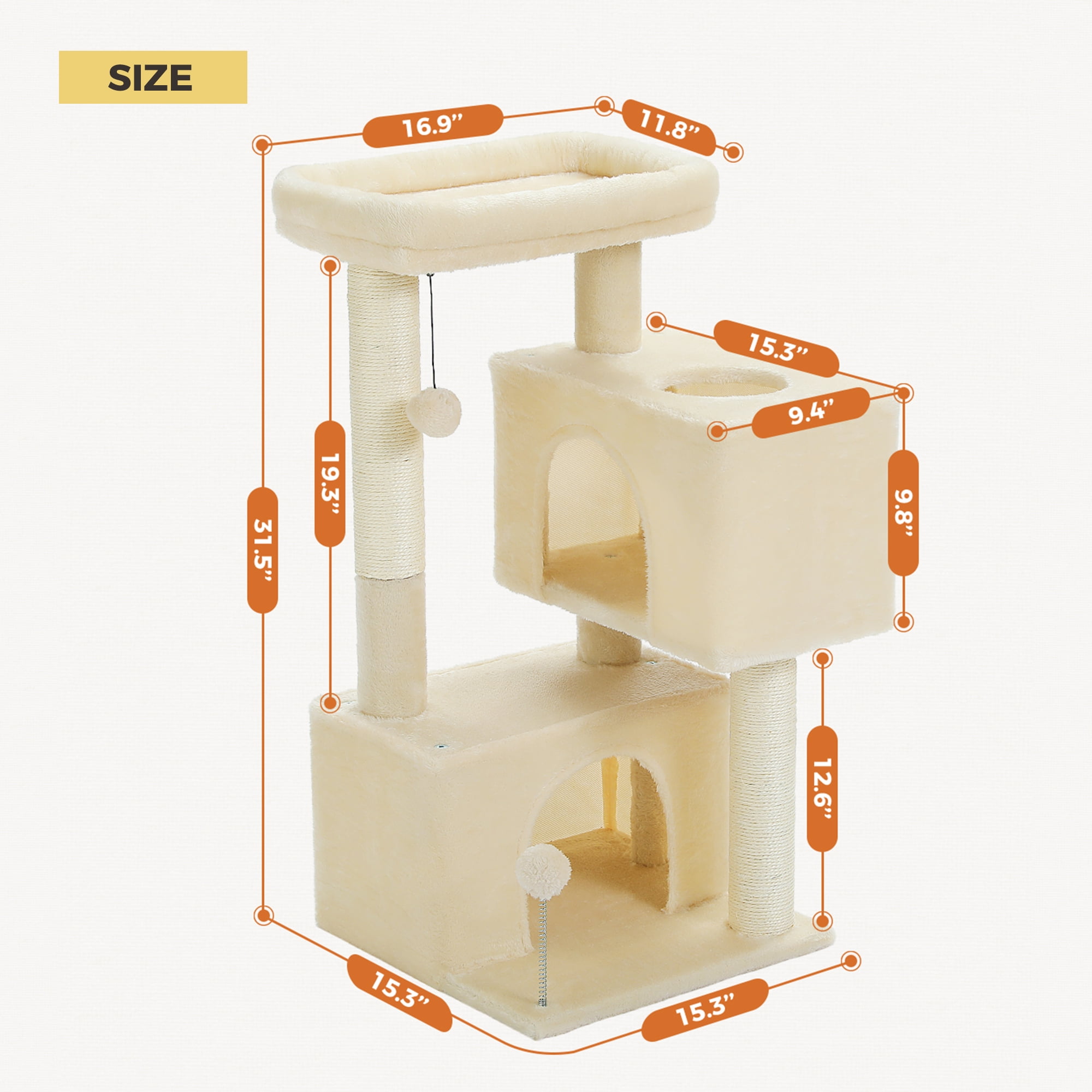 PEQULTI 31.5" Modern Cat Tree Tower with Dual Large Condos for Kitten ＆ Medium Size Cat Beige