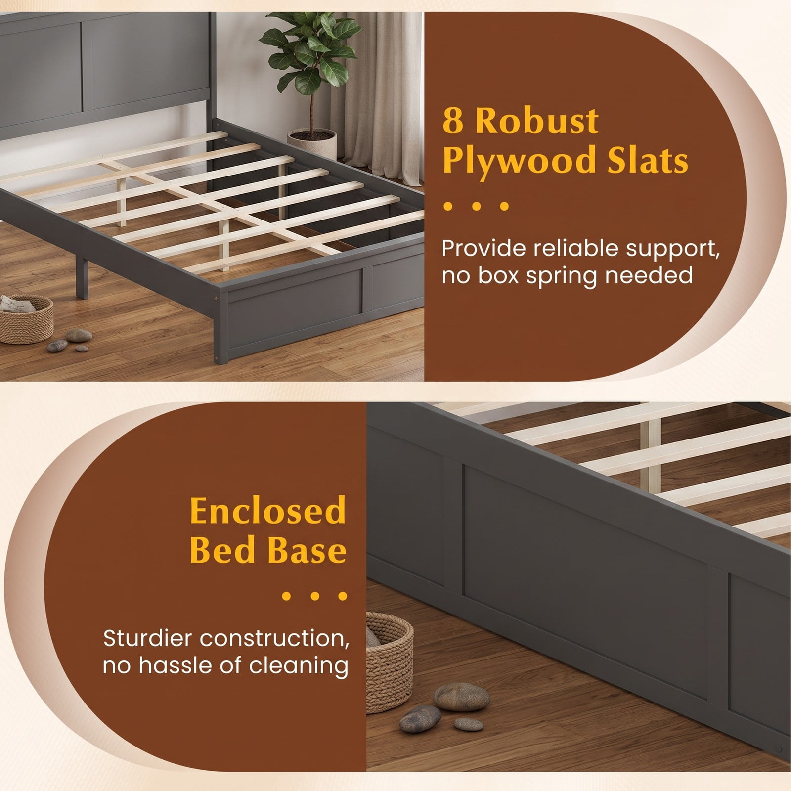 Furnibear Full Size Bed Frame with Storage, Wooden Platform Bed with Plank Headboard and 2 Storage Drawers, Gray