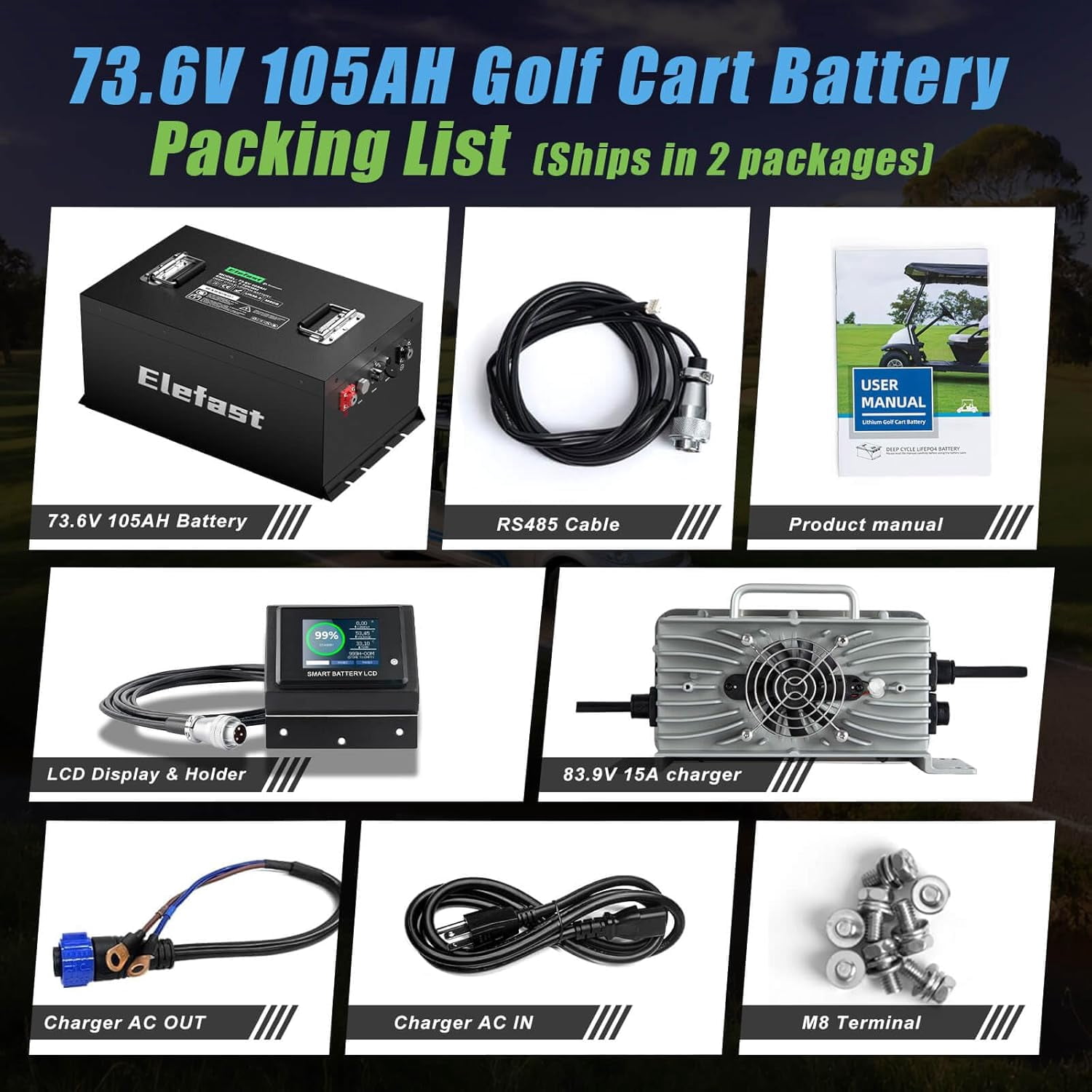 72V (73.6V) 105AH Lithium Golf Cart Battery, Supports 3C Discharge,Built-in 200A BMS and BlueTooth, Equipped with 83.9V 15A Fast Charger and LCD Touch Screen,8000+ Deep Cycles, Perfect for Golf Carts