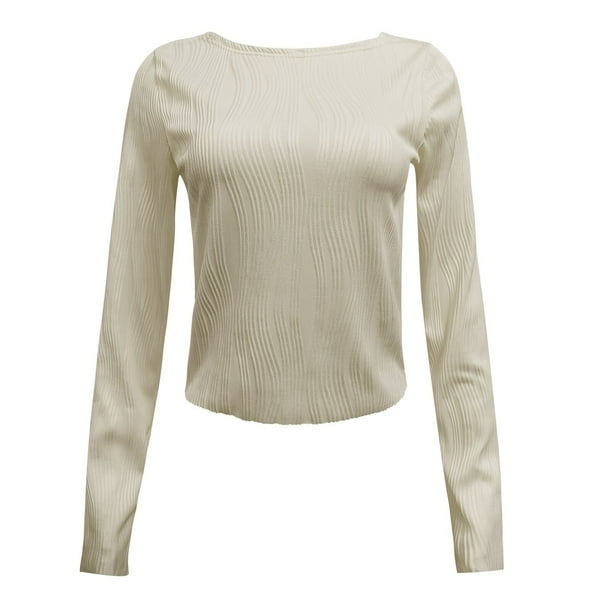 Gibobby Blusas Elegantes Camiseta corta ajustada Sexy para mujer, camisetas ajustadas de manga larga con cuello redondo, camiseta recortada de punto superior, blusa Retro, ropa de calle(Blanco, M)