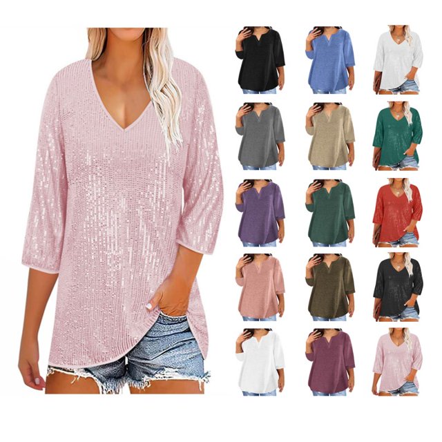 Meichang Womens Plus Size Tops Elbow Sleeve Summer T Shirts Notch V Neck Basic Tees Soft Loose Fit Casual Half Sleeve Tshirts T-Shirts Women Tops Under 10 Dollars
