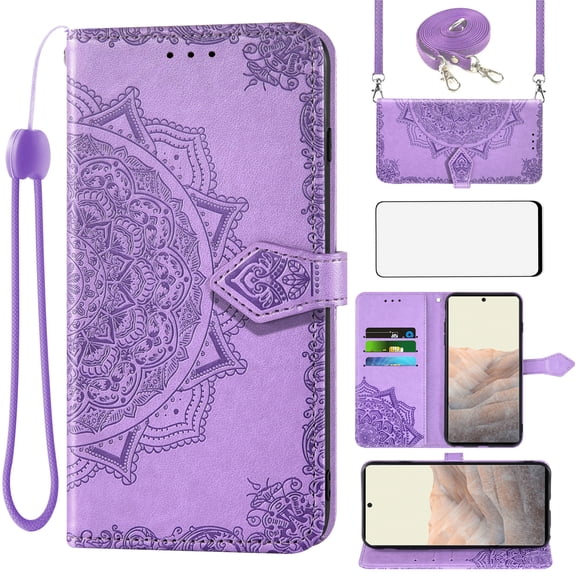 Asuwish Phone Case for Google Pixel 6 Pro Wallet Cell Cover with Tempered Glass Screen Protector Flip Lanyard Wrist Strap Card Holder Mandala Flower Pixel6Pro Pixel6 XL 6XL Pixle 6Pro 5G Women Purple