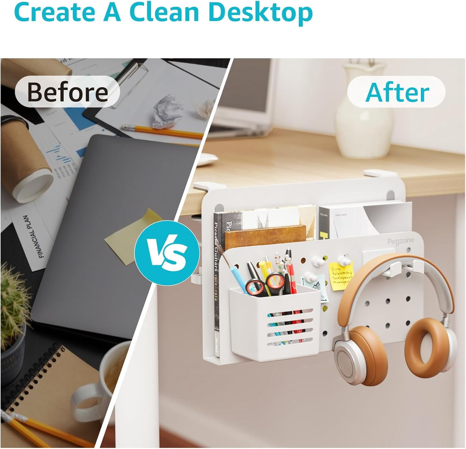 Desk Side Storage Organizer, Clamp-On Under Desk Laptop Holder with Pegboard Accessories, Hanging Shelf for Laptops/Tablets, Fits 0.4"–2.2" Desk Edge, White