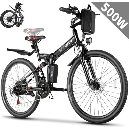 Vivi Adult Electric Bicycles Foldable Ebike, 500W 26" Electric Commuter Bicycle, 48V Battery, Full Suspension, Folding Electric Mountain Bike, Adjustable 21 Speed E-Bikes for Adults with Fenders