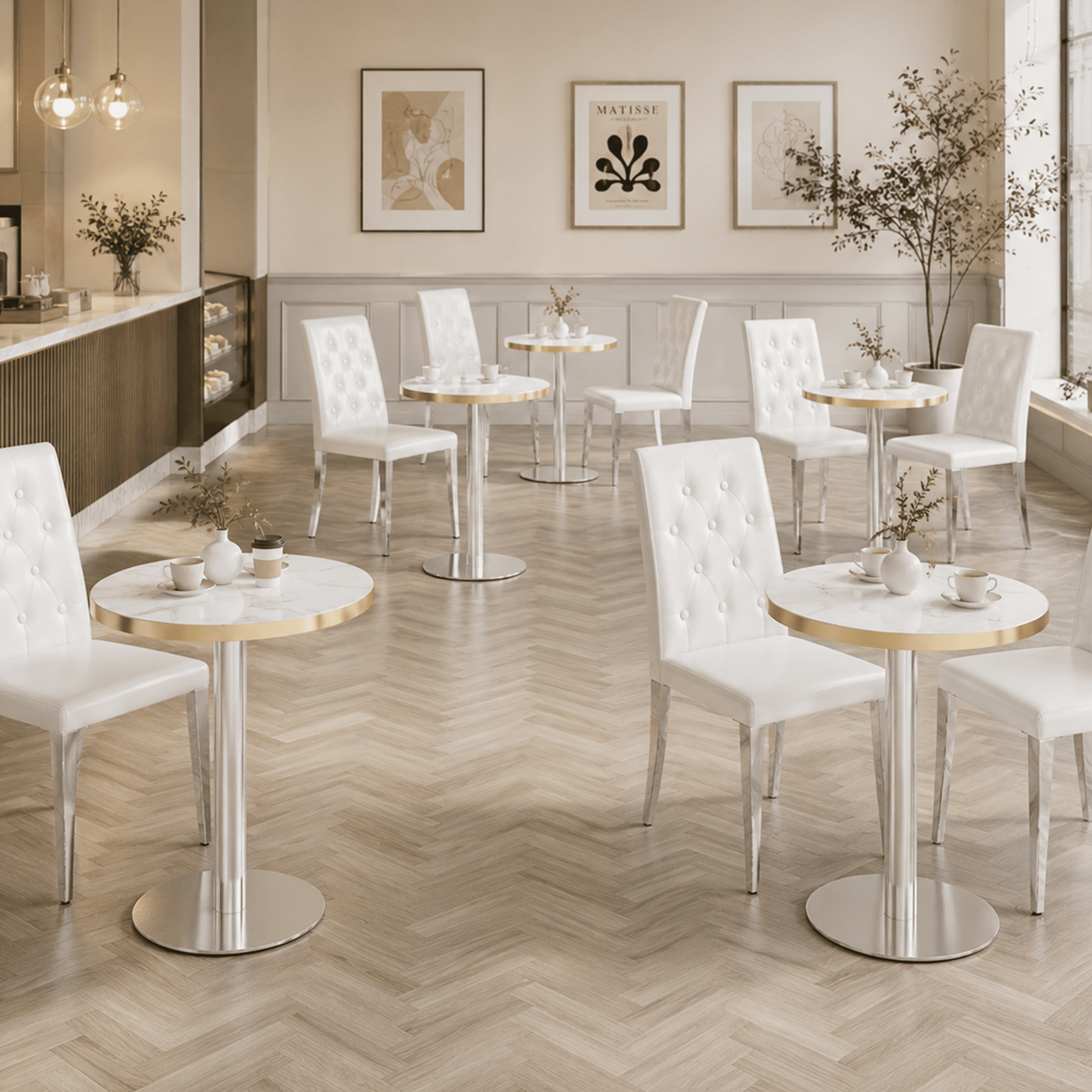 Minimalist Round Bistro Table, 23.6" Faux White Marble Cafe Table with Silver Stainless Steel Base & Edge Banding, High-Gloss Corner Accent Dining Table for Small Spaces Office Salon