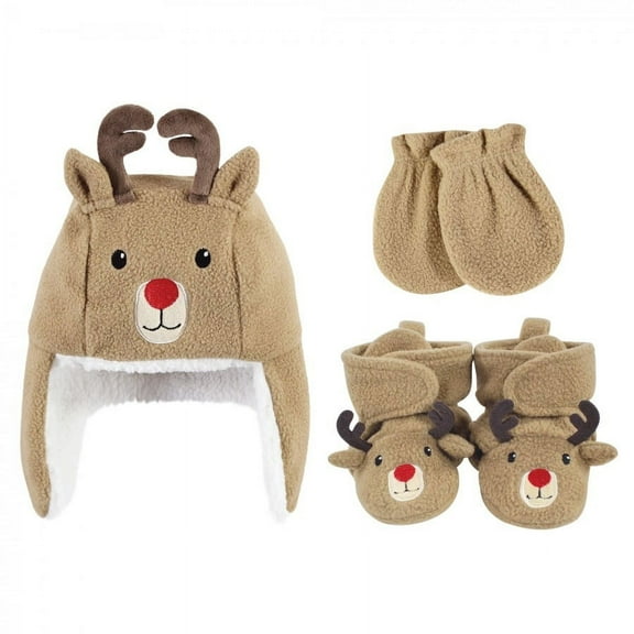 Hudson Baby Infant Boy Trapper Hat, Mitten and Bootie Set, Reindeer, 0-6 Months