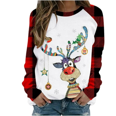 

jsaierl Womens Christmas Sweatshirts Long Sleeve Elk Graphic Patchwork Top Casual Crewneck Sweatshirt Dressy Casual Pullover Christmas Gifts for Teen Girls