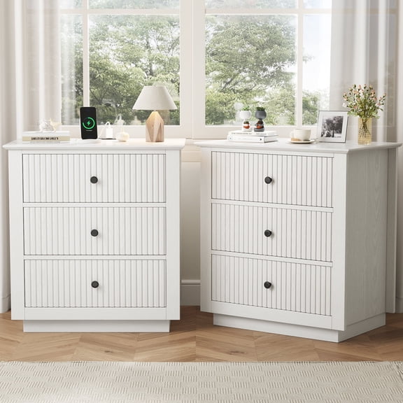 IDEALSOUL Nightstand Set of 2, 24" Wide End Table with Storage, Fluted Nightstand with USB Charging Station, Large 3 Drawers nightstand for Bedroom Living Room(2pc, White)
