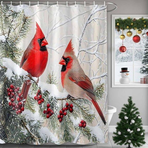Christmas Red Bird Shower Curtains for Bathroom, Berries Winter Snow Pine Branch Xmas Waterproof Fabric Shower Curtain for Bathroom Bathtub Decoration, Machine Washable, 54x"78"