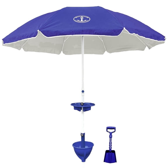 Classic 7ft Beach Umbrella & AnchorONE Sand Anchor Kit, Deep Ocean Blue, UPF50