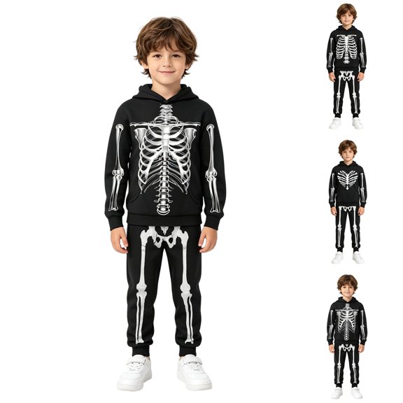Kids Skeleton 2 Piece Tracksuit, Hoodie Jogger Pants Halloween Set, Soft Outfit with Pockets for Trick or Treat, School Parade, Fall Daily Wear(Black3/3-4 Years)